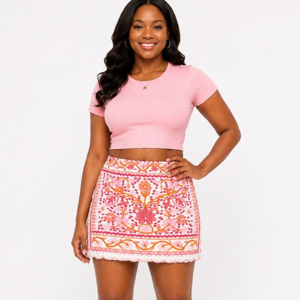 J. Marie Gianni Floral Embroideredd Mini Pencil Skirt Scalloped Hem Pink Sz L